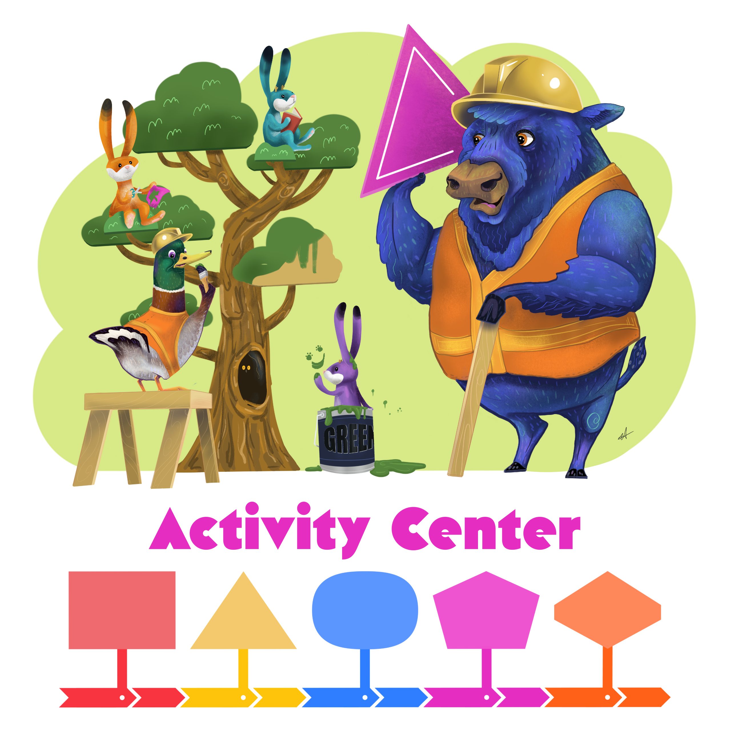 Activity Center 01 Graphic depicting a prop tree in the process of being painted with animals. Blue bison is standing upright in a hard hat and orange vest holding a plank of wood and a pink triange. Mallard duck is standing on a wooden sawhorse, also wearing a hard hat and an orange vest, holding a paintbrush. There are three jackalopes. A purple jackalope is in a paint bucket of green paint and has drawn a darker green smiley face on the light green backgorund. An orange jackalope is sitting on one of the tree branches holding scissors and pink construction paper. A teal jackalope is sitting on the highest branch reading a book. Text beneath graphic says Activity Center. There is a row of shapes under the text in different colors.