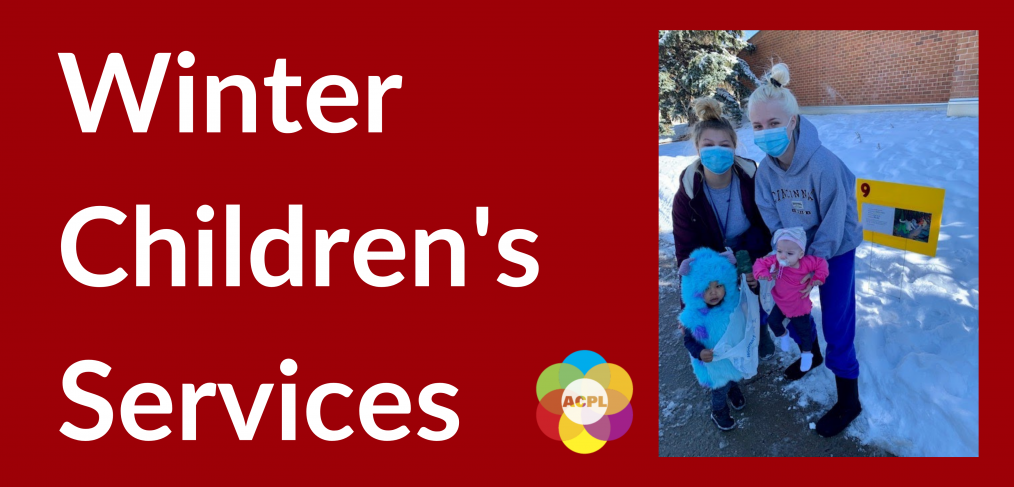 A banner that reads "Winter children's services" with a picture of parents with their kids outside the library