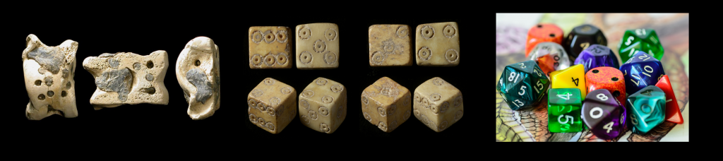 Three images of dice. The first are ancient dice carved from bone, the second are cubic dice with worn faces, and the third are new plastic dice of various shapes and sizes