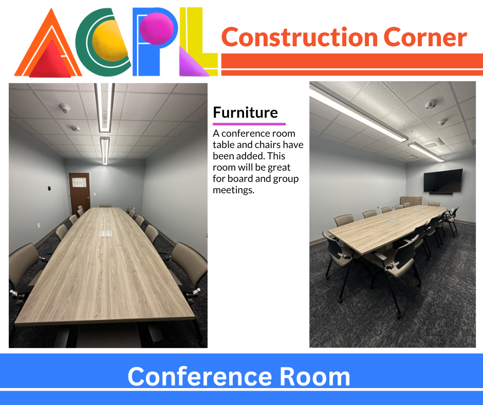 Jan 16 (2) (2) Photos of construction project. Construction Corner - Conference Room: Furniture. A conference room table and chairs have been added. This room will be great for board and group meetings.