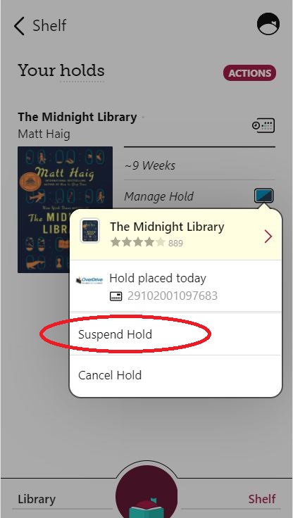 A Libby screen shot with Suspend Hold circled