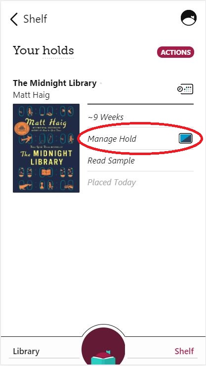 Libby screenshot with Manage Hold option circled