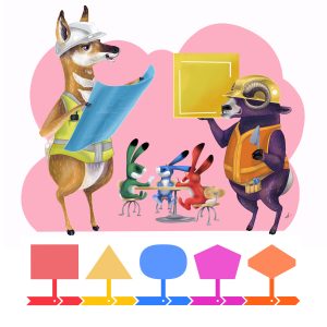 Graphic of a pronghorn, a big horn sheep, and three jackalope on a pink background. The pronghorn is wearing a hard hat and a yellow vest and is holding a blueprint. The big horn sheep is wearing a hard hat and an orange vest and is holding a yellow square and a trowel. The jackalopes are green, blue, and orange-red. They are sitting around a table. There is a row of shapes at the bottom of the graphic in different colors.