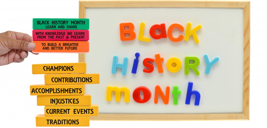 Fridge magnets spelling Black History Month with building blocks displaying values