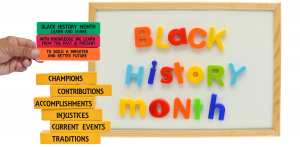 Fridge magnets spelling Black History Month with building blocks displaying values