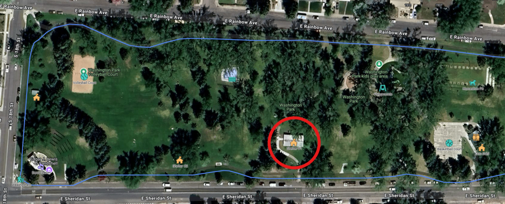 Map of Washington Park with shelter #1 circled in red