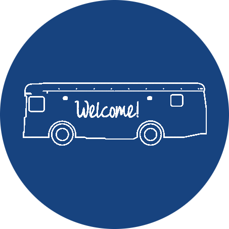Graphic of a bookmobile with text "welcome"
