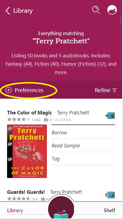 a screenshot of a libby search. The Preferences option is circled