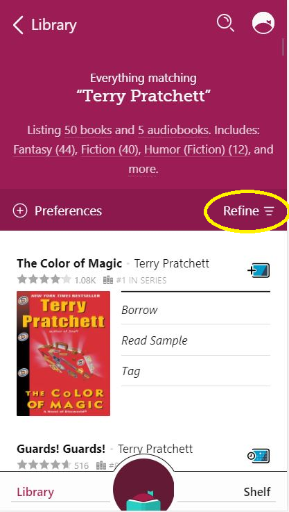A screenshot of a search in Libby. Refine is circled