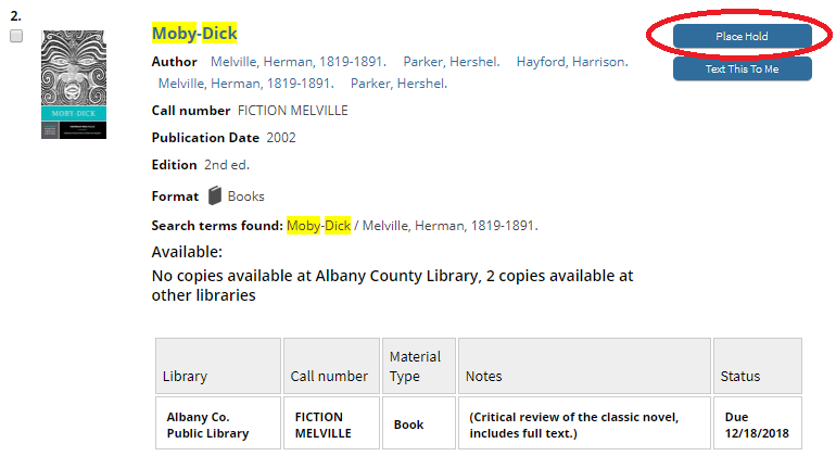 A screenshot of the catalog listing for Moby Dick. The Place Hold button has been circled in red.
